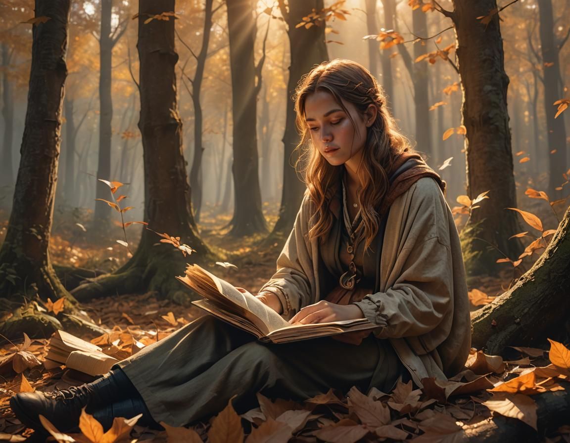 Woman Reading Magic Book in Autumn Forest