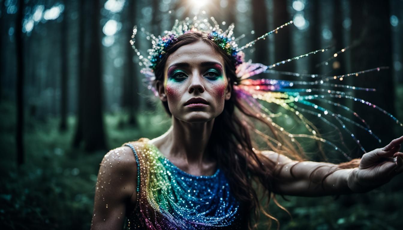 Rainbow Fairy Creates Sparkling Swirl in Forest