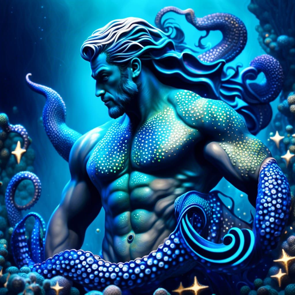 Medusa Male Mermaid in Underwater Diorama