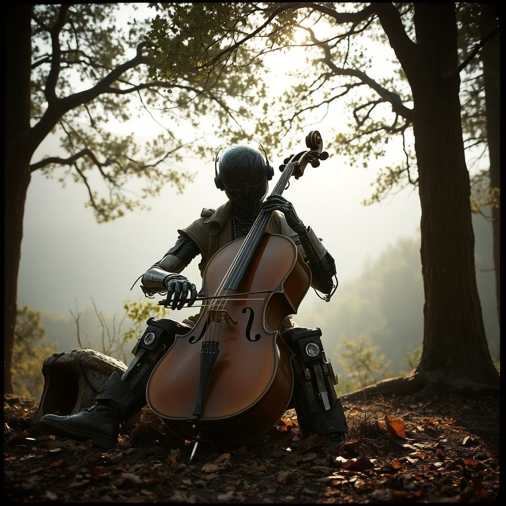 Cyborg Cellist in a Haunting Wilderness Landscape
