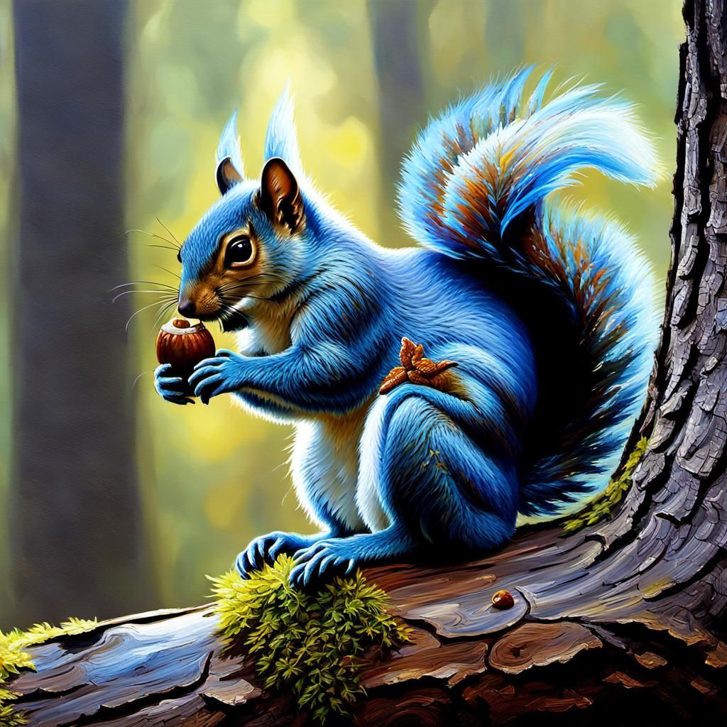 Blue Squirrel in Misty Forest: Oil Painting