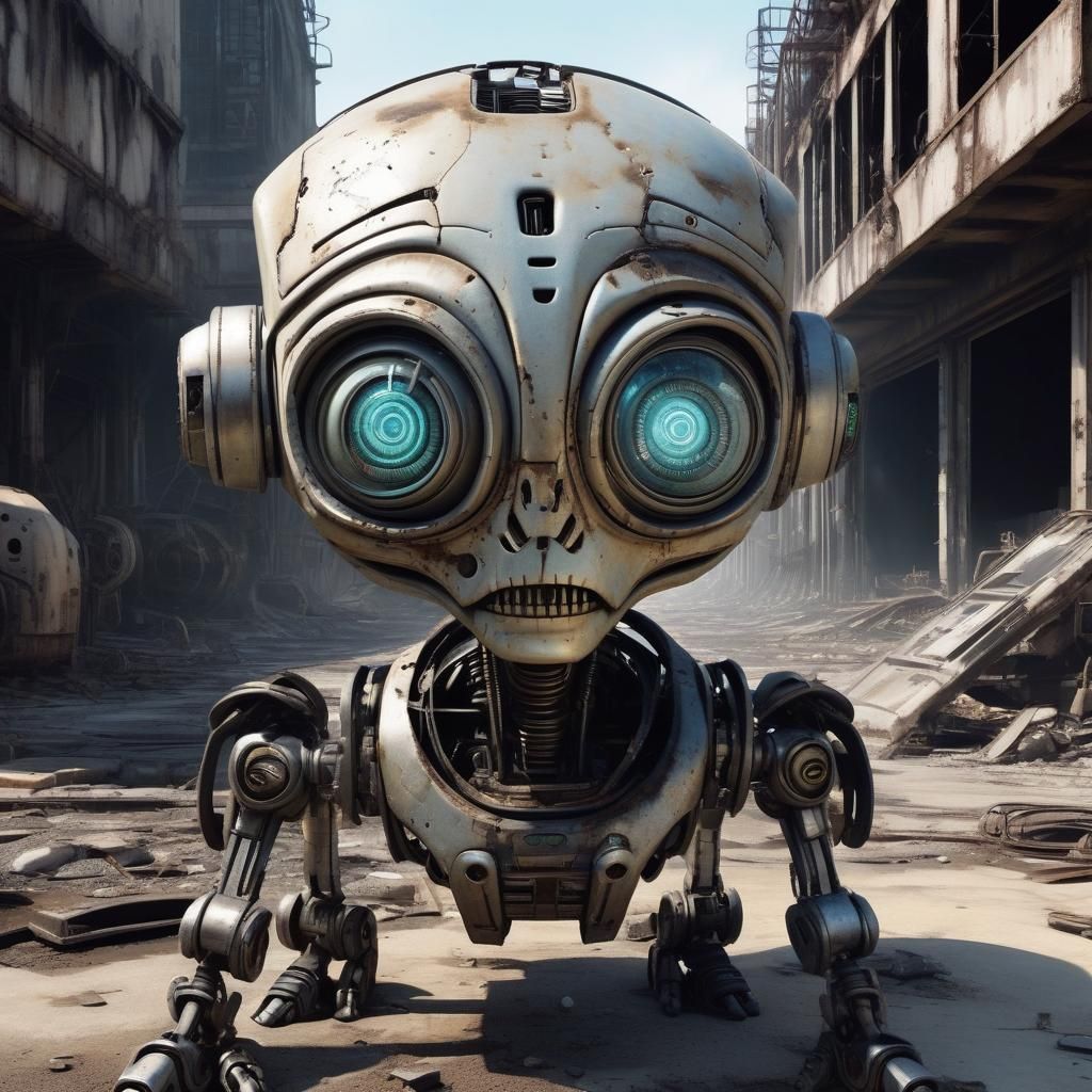 Cartoon Robotic Alien in Dystopian Industrial Ruins