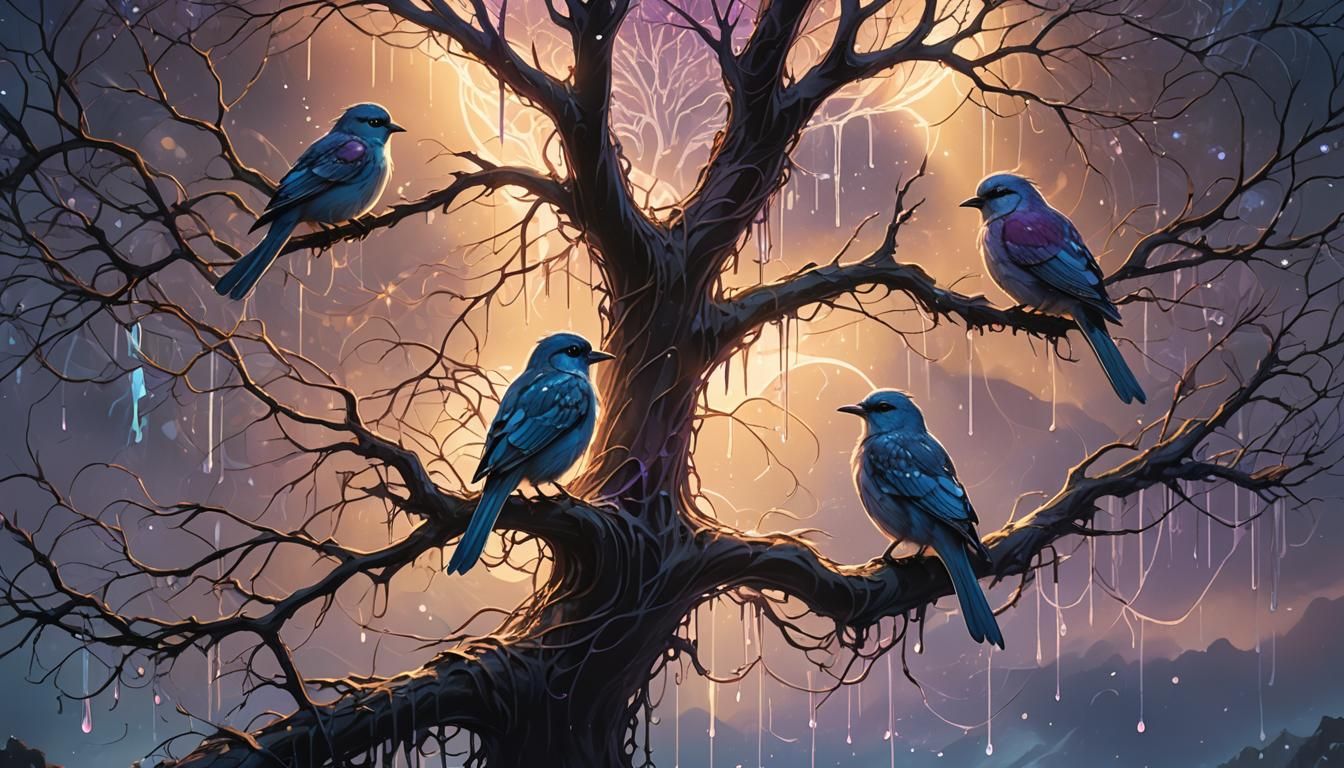 Birds in Mystical Web of Light: Anime-Inspired Art