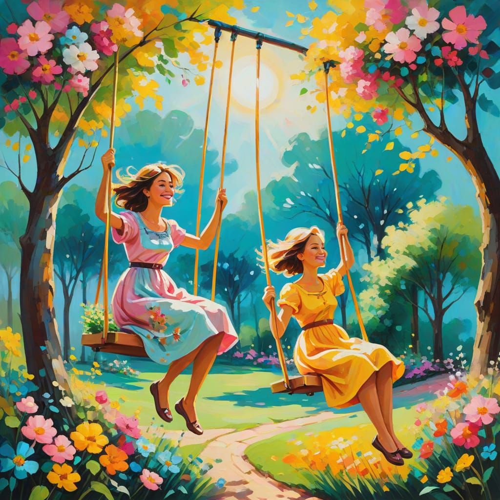 Whimsical Naive Art Garden Scene with Swinging Women