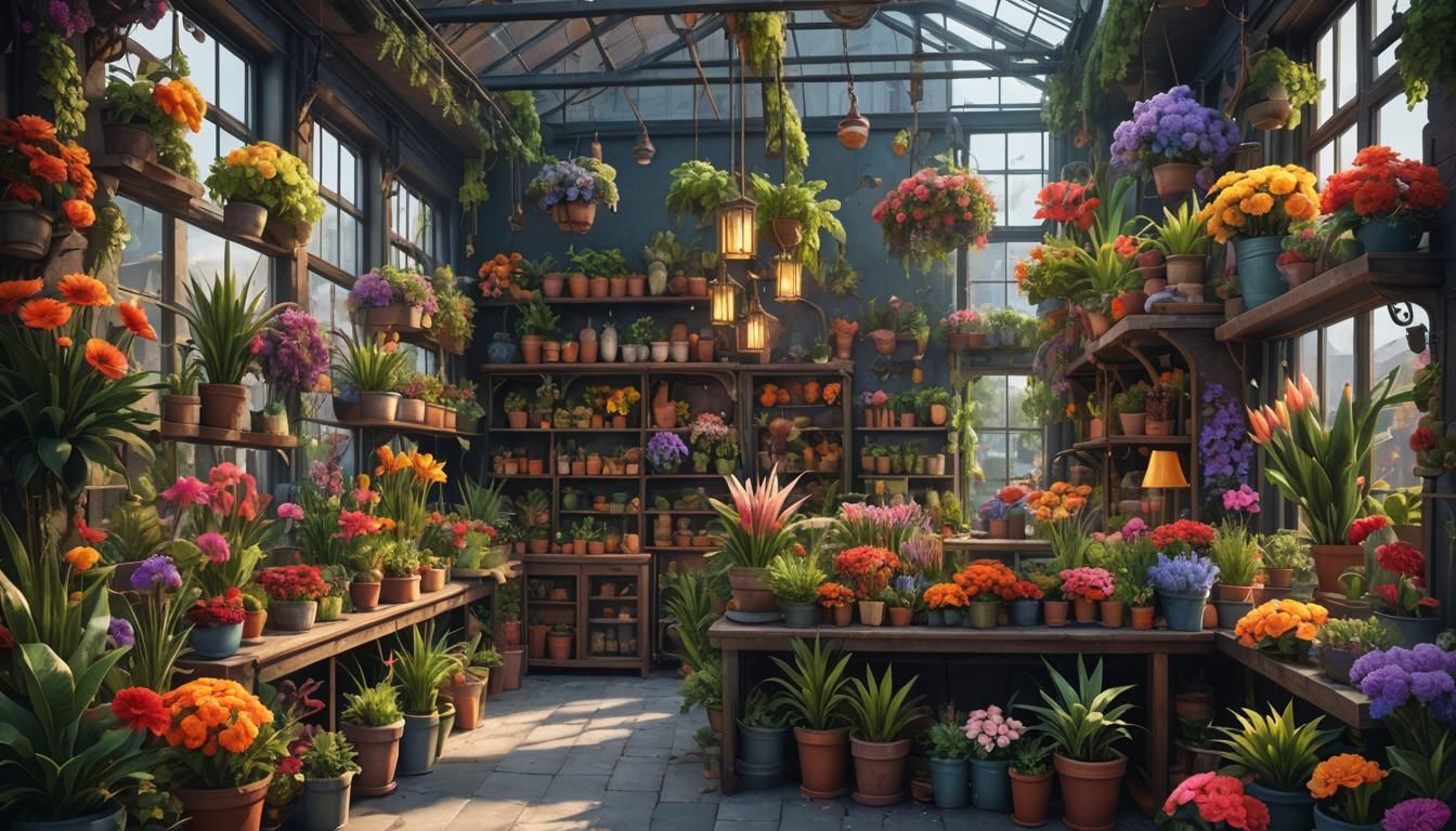 Bright Vibrant Flower Shop Plants: Detailed Matte Painting