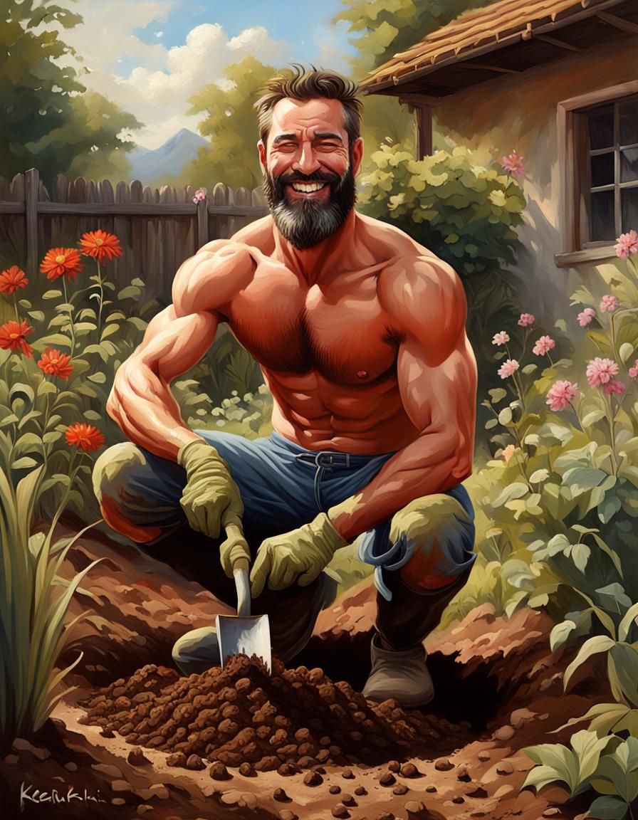 Smiling Man Digging in Garden, Oil on Canvas