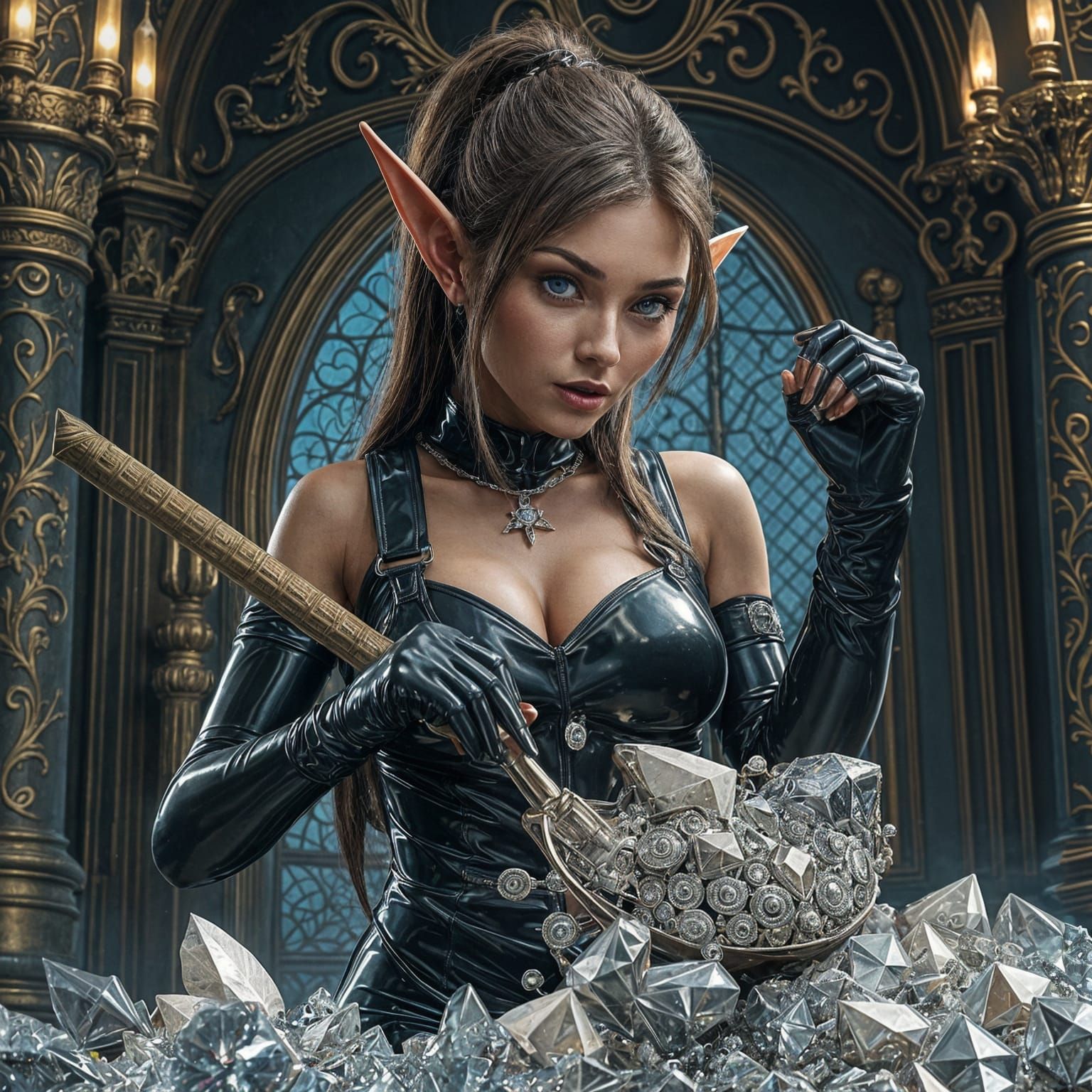 Hyperrealistic Elf Shoveling Diamonds in Latex