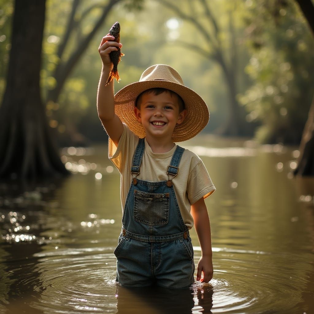 Young Boy Triumphs with Crawdad in Creek, Cinematic Film Sti...