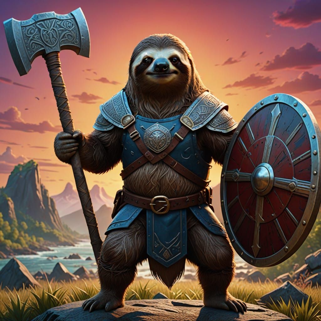 Surreal Pop Art Portrait of Sloth Viking Warlord