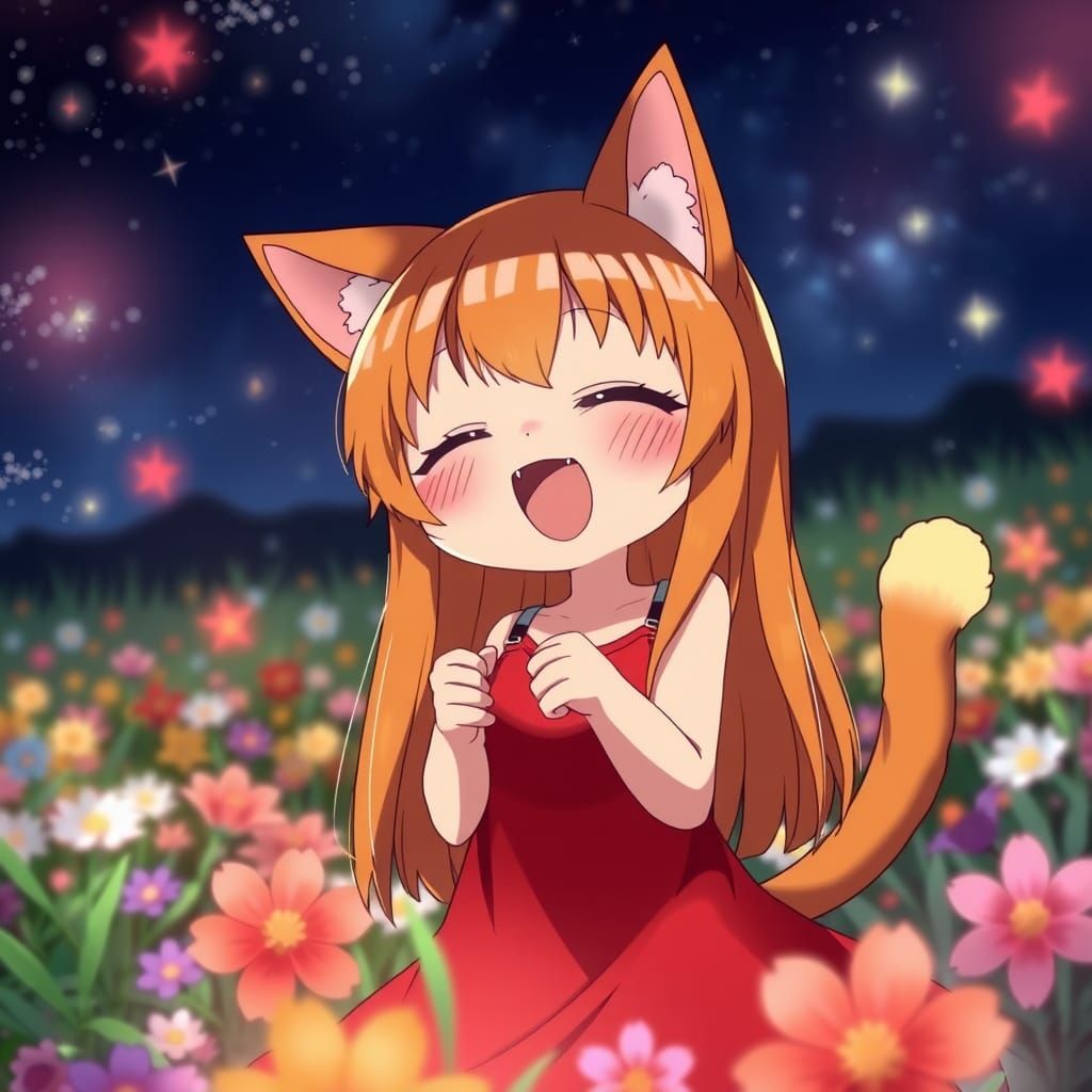 Cute Anime Catgirl Sings in Flowery Field
