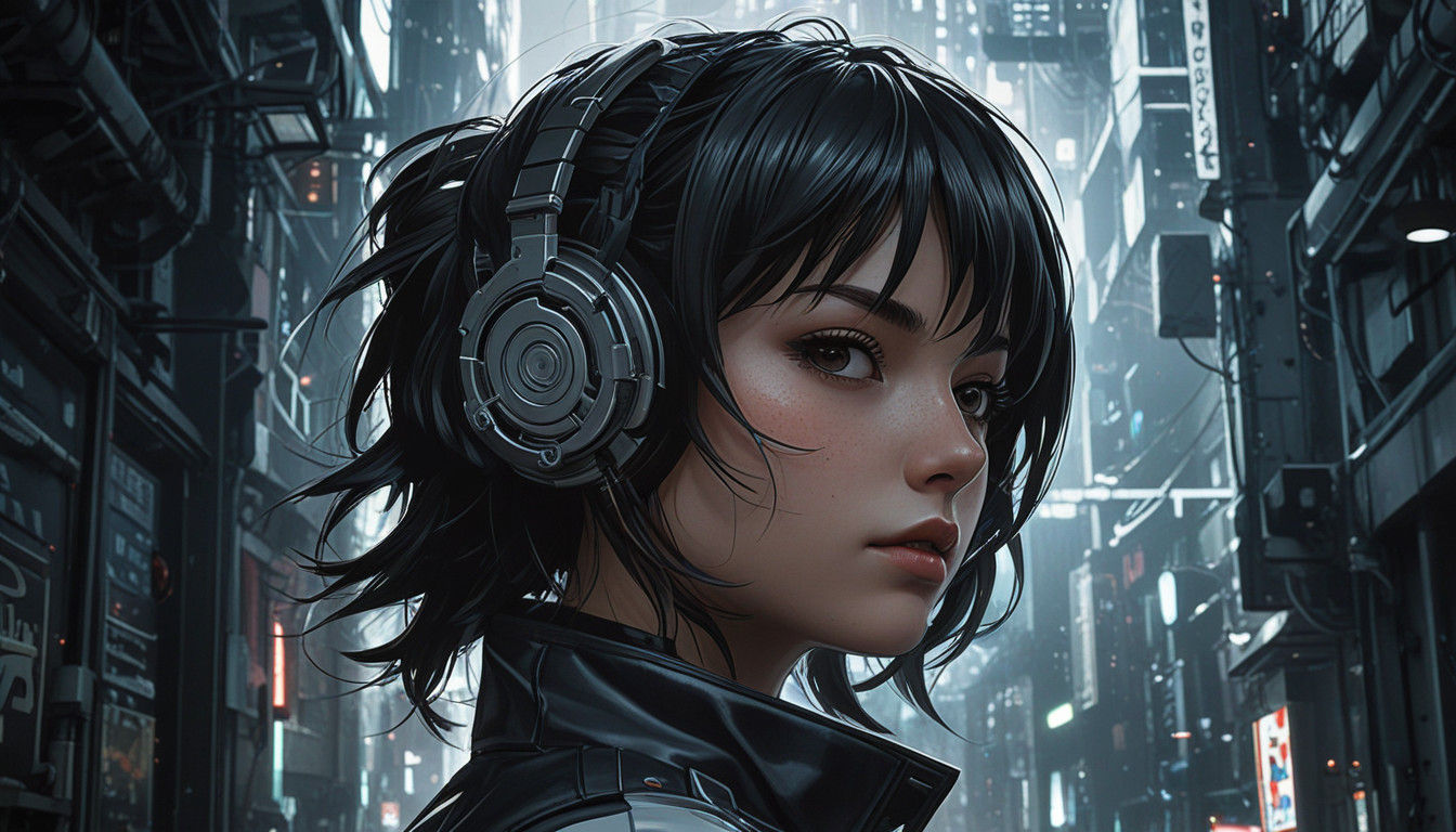 Surreal Cyberpunk Portrait in High-Contrast Black and White