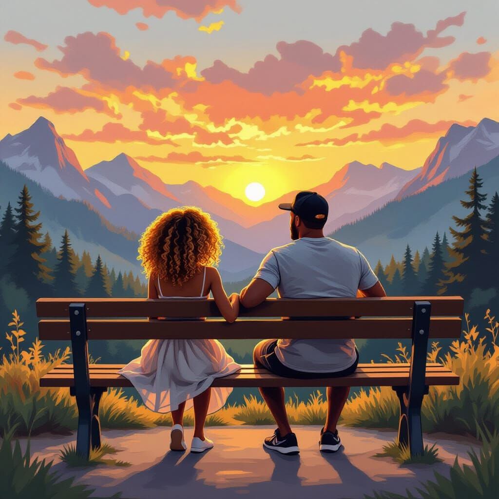 Couple Embraces Watching Sunset With Daughter Near Mountains