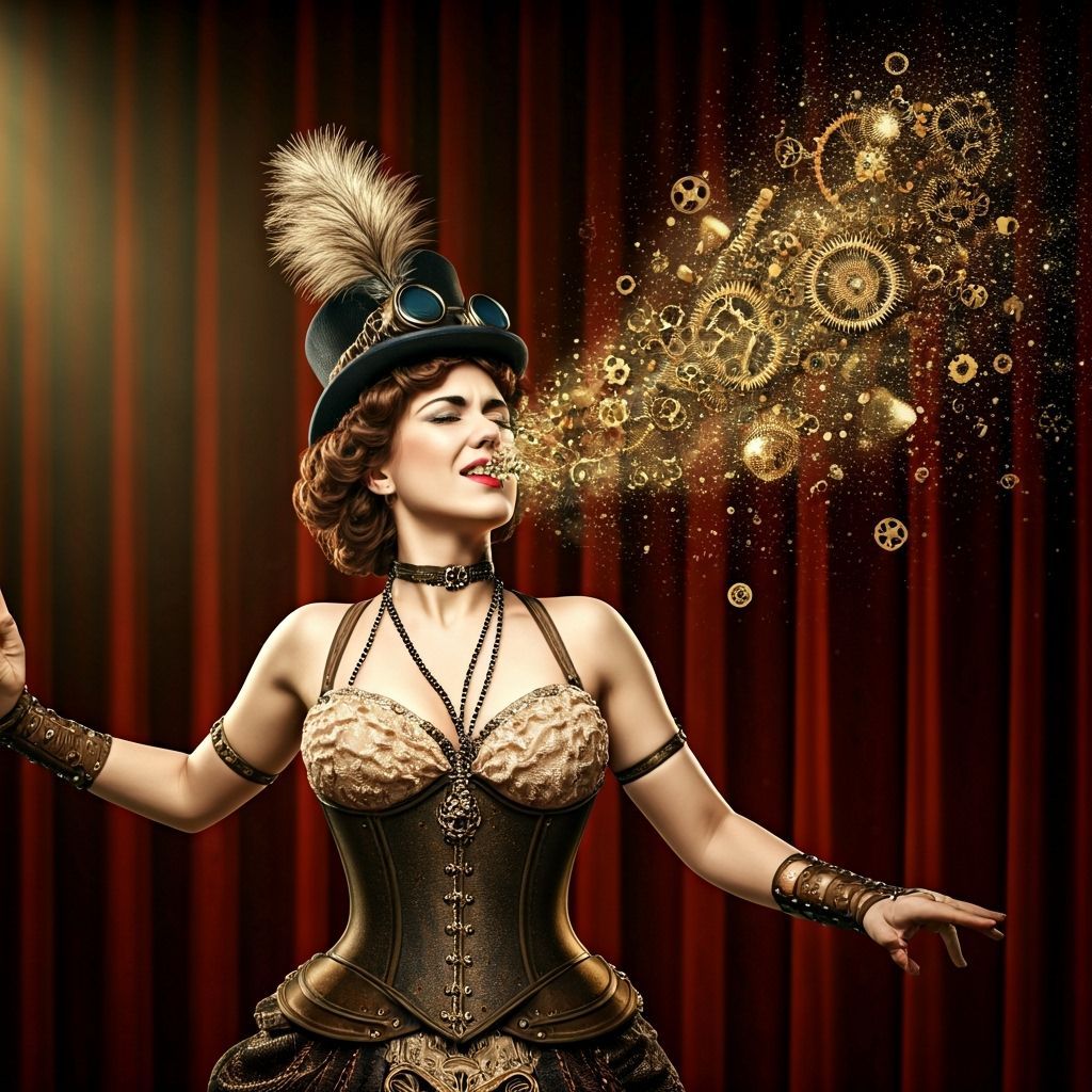 Steampunk Singer's Glittery Sneeze Amidst Falling Lights