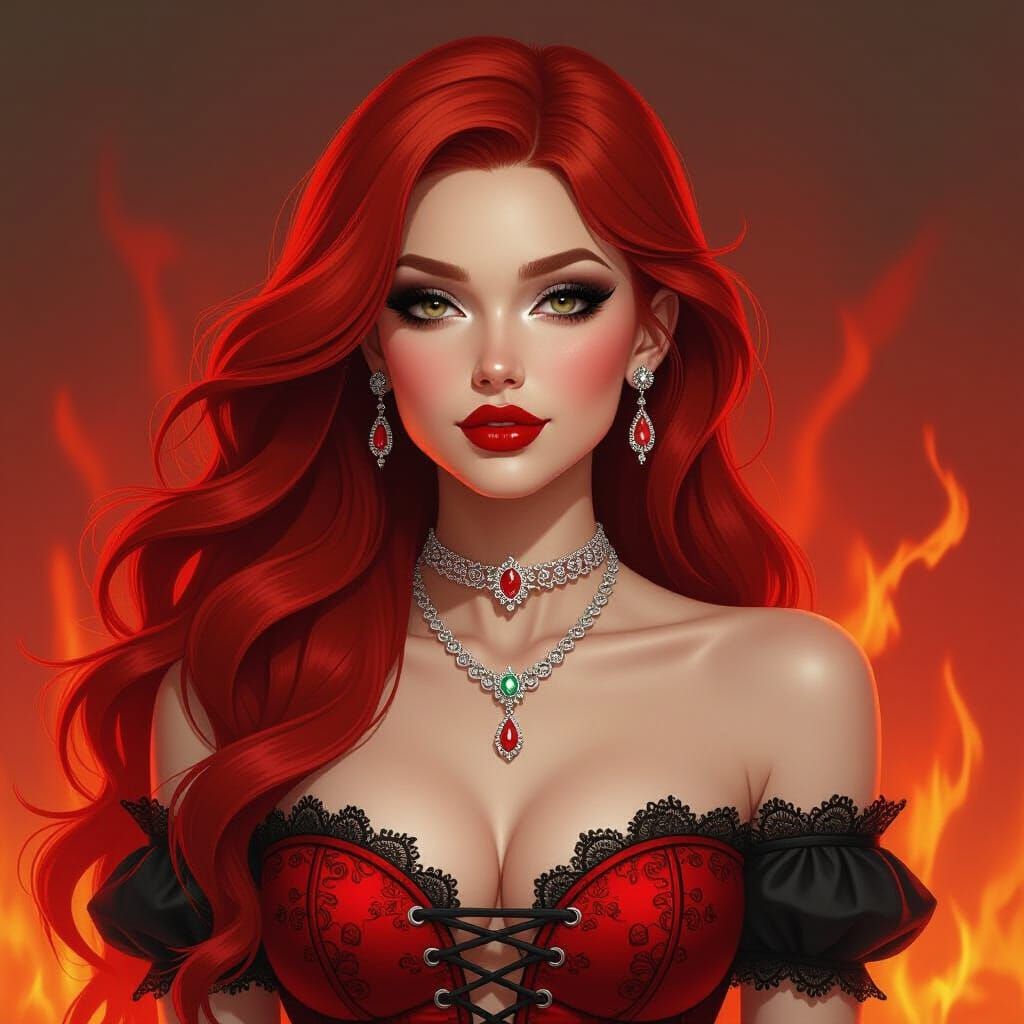 Goddess with Red Hair and Fiery Background