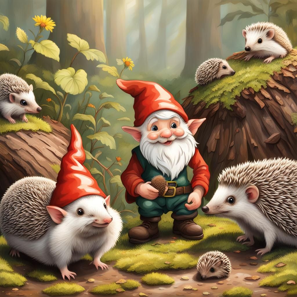 Gnome Children Playing with Hedgehogs