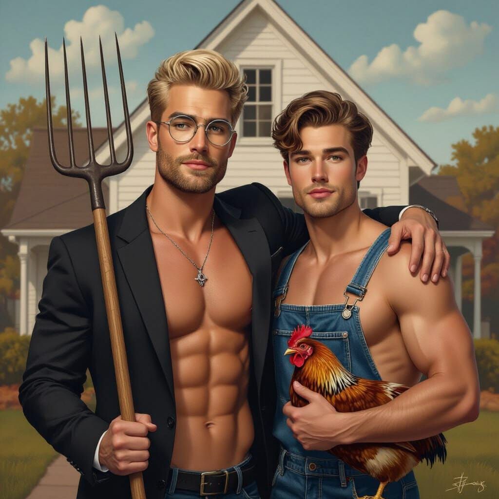 Modern American Gothic: Muscular Men with Pitchfork and Chic...