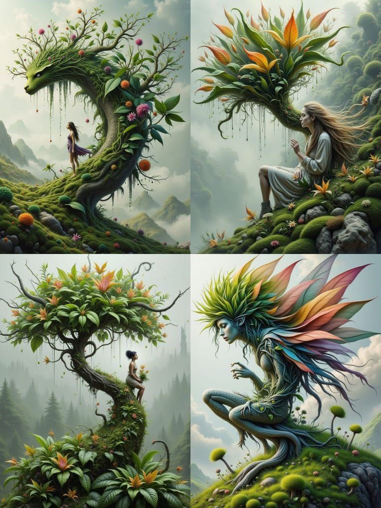 Surreal Fairy Emerges from Bonsai Tree on Hillside