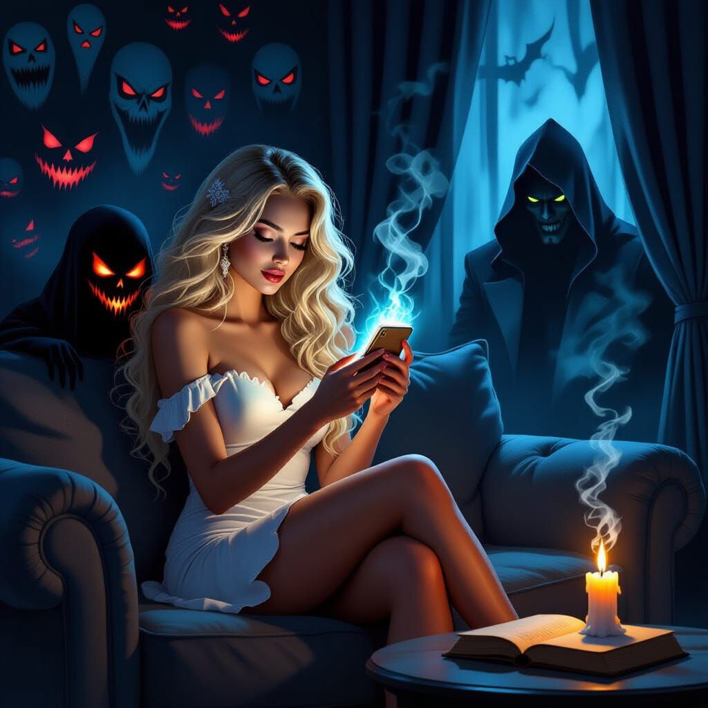 Woman in White Dress Haunted by Demonic Faces in Dark Fantas...