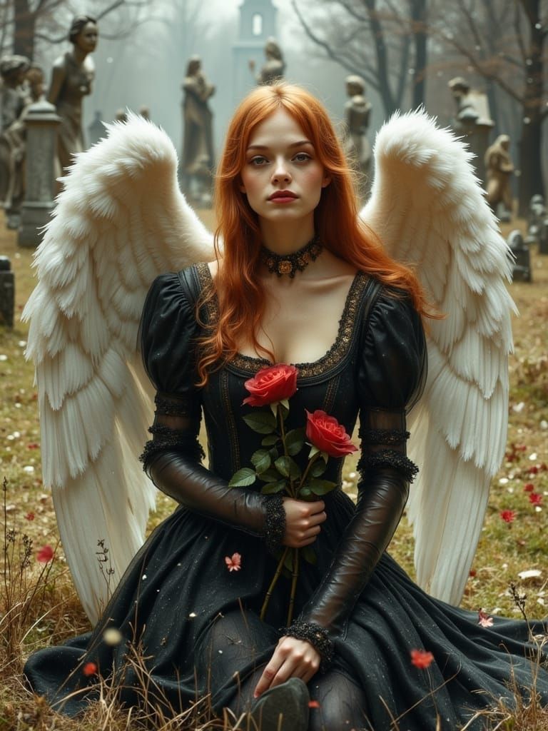 Ethereal Angel in Snowy Graveyard, Pre-Raphaelite Style