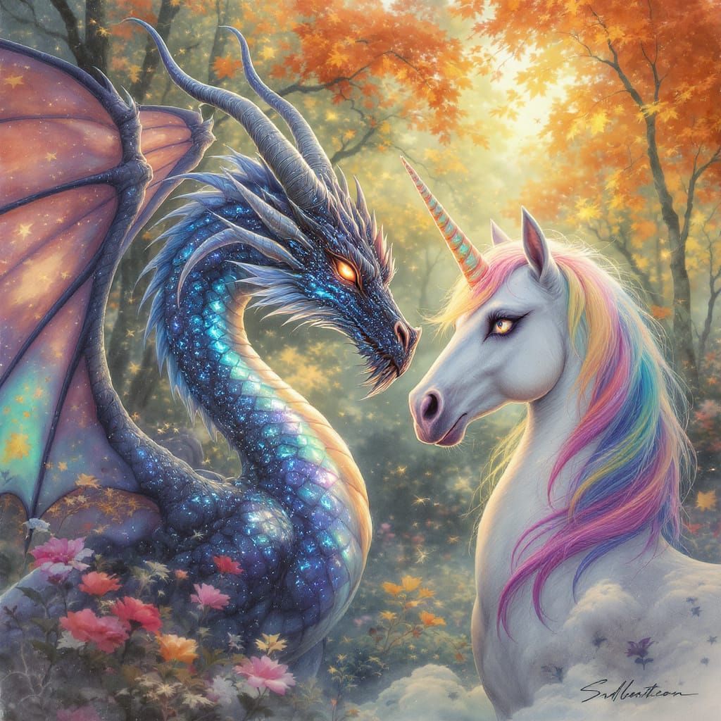 Dragon and Unicorn Encounter in Watercolor Forest