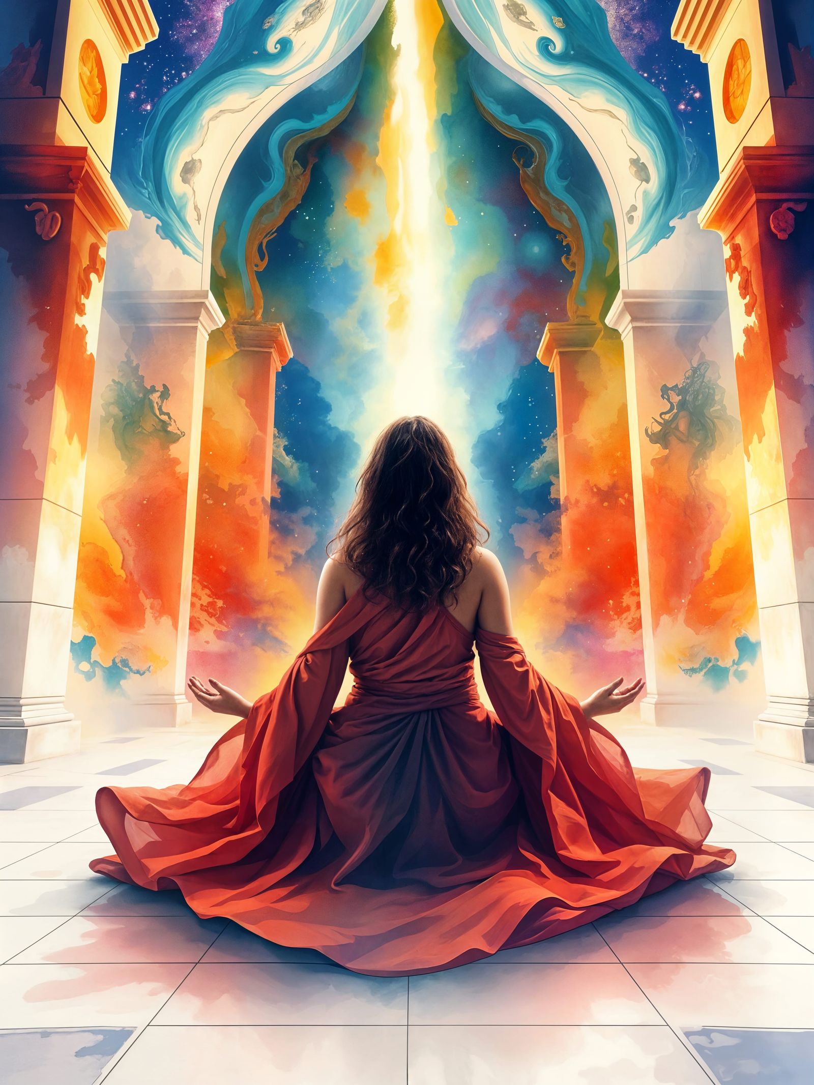 Ethereal Goddess Meditates Amidst Cosmic Temple