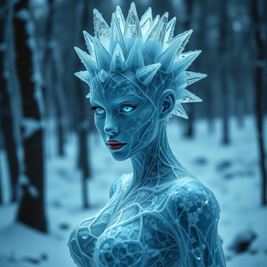 Ice Goddess in Frozen Forest, Photorealistic Fantasy Art