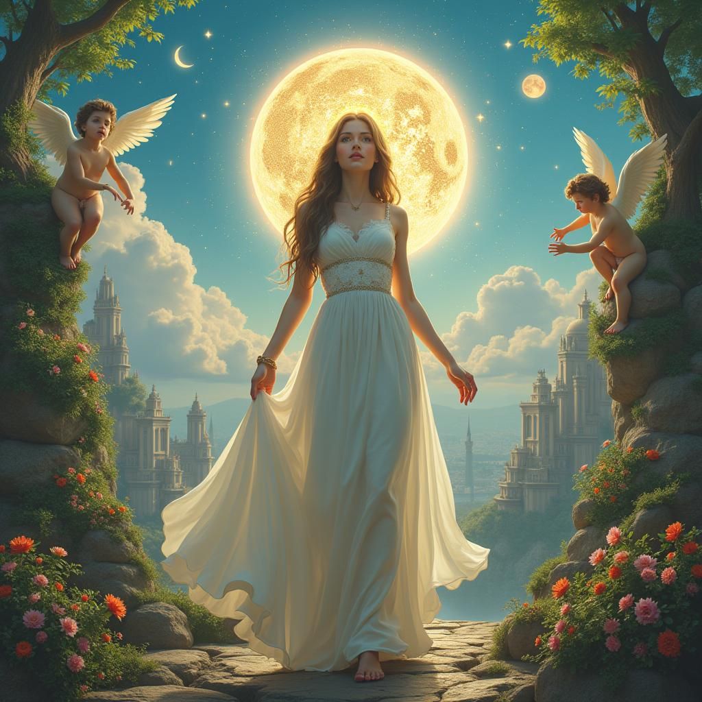 Ethereal Woman with Golden Halo in Dreamlike Cityscape