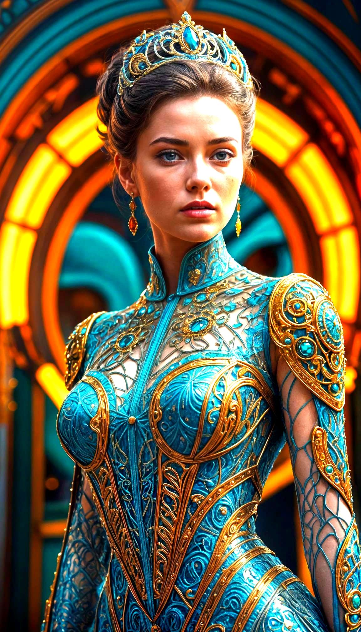 Woman in Intricate Glass Gown in Surreal Landscape