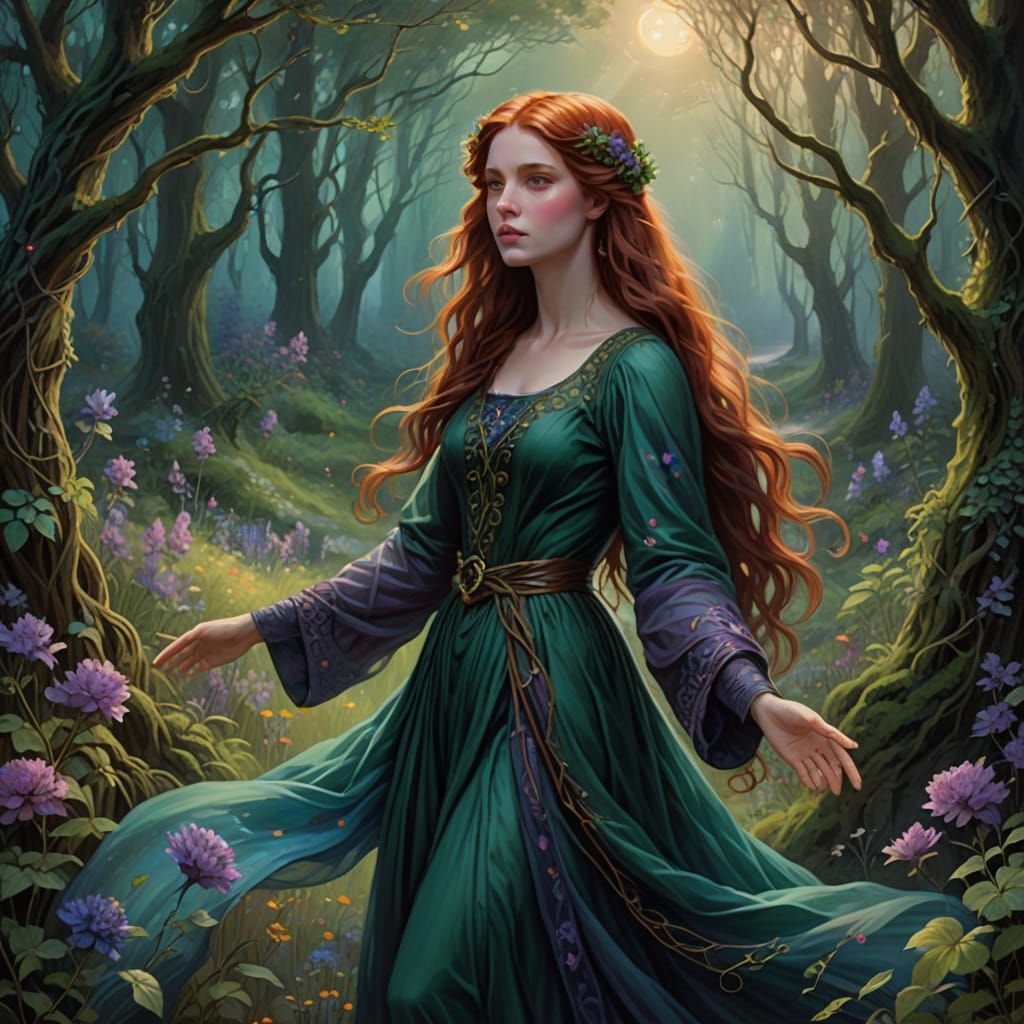 Mystical Forest Portal: Serene Woman in Pre-Raphaelite Style