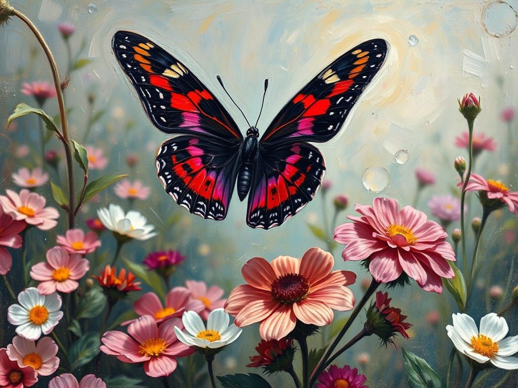 Romantic Oil Painting of Majestic Butterfly in Vibrant Bloom