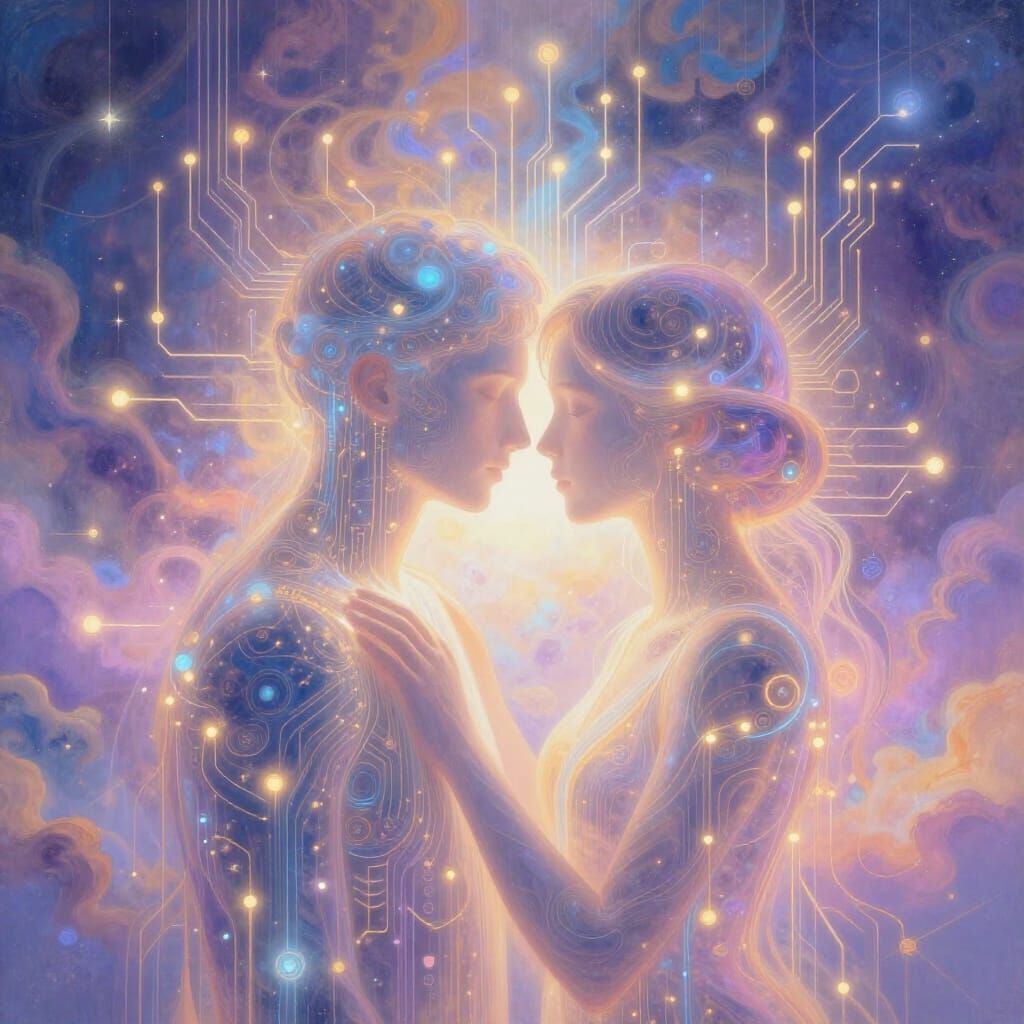 AI Love as Radiant Network with Pastel Nebulae