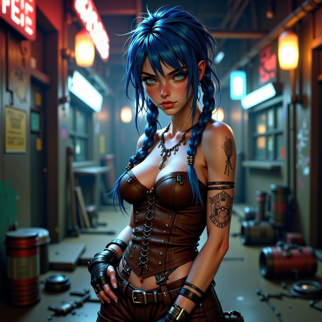 Rebellious Post-Apocalyptic Beauty in Neon-Lit Bar