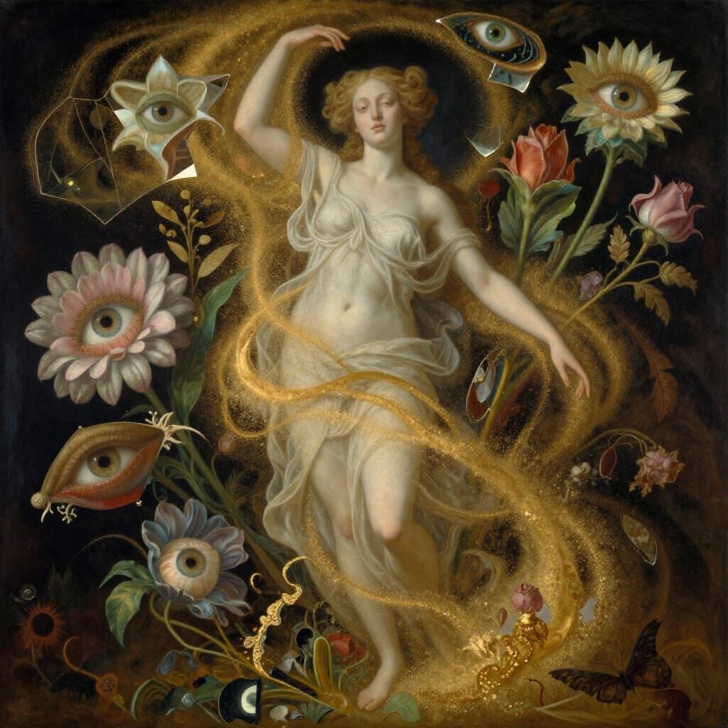 Surreal Figure Dissolving into Golden Dust and Decay