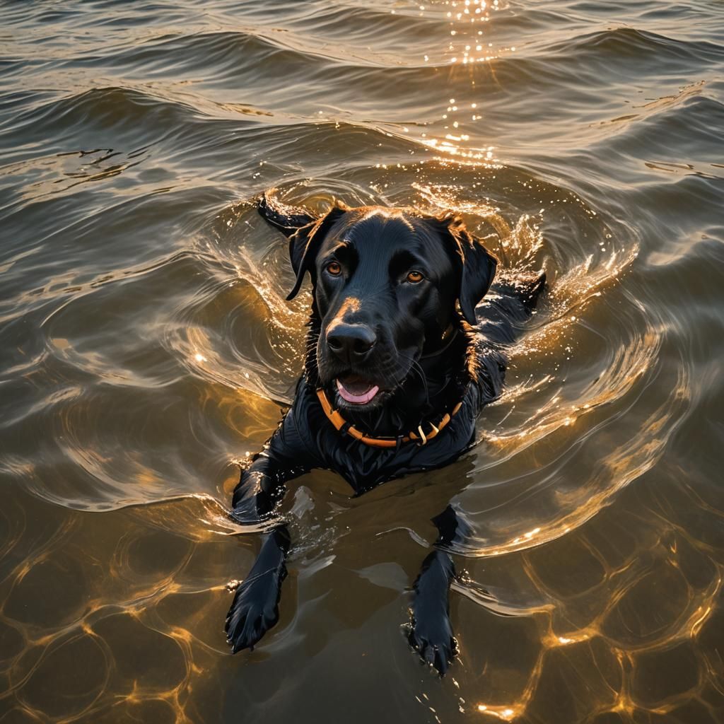 Black Labrador Swimming in Ocean: Digital Art