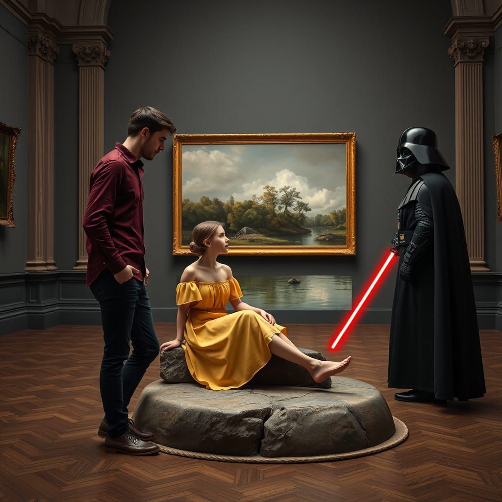 Young Couple in Grand Art Gallery Interacting with Illusion ...