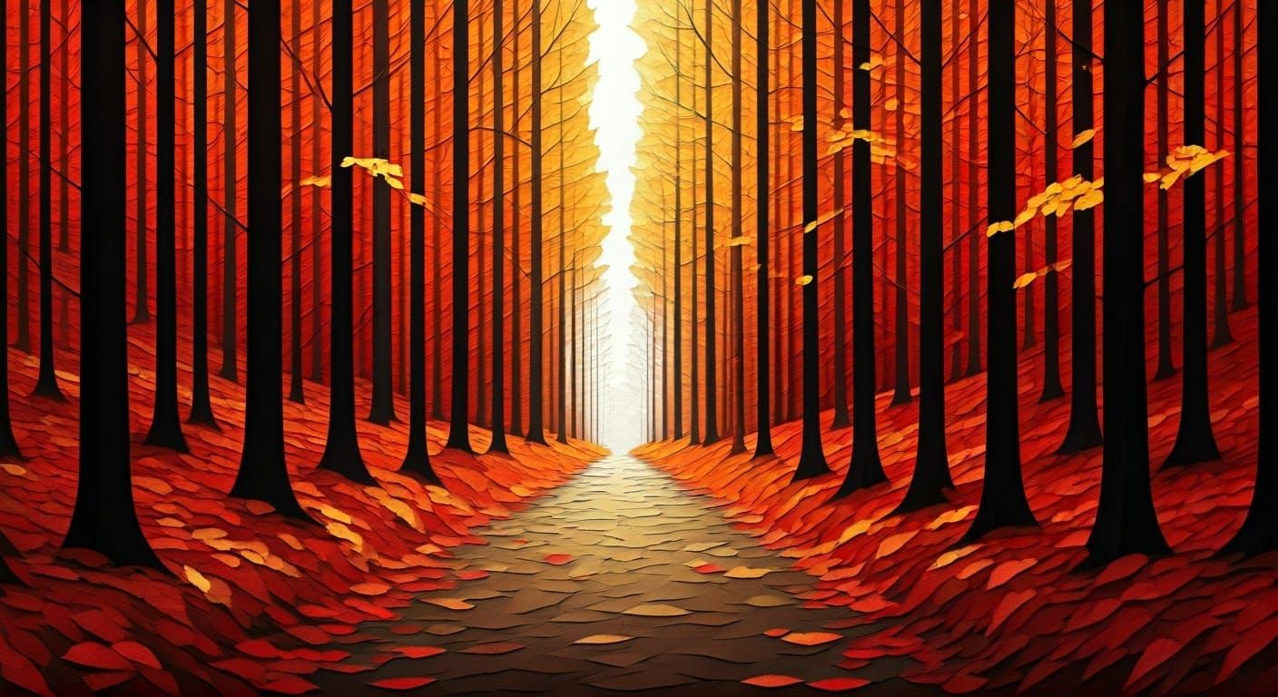Autumn Forest Path in Paper Collage Art Style