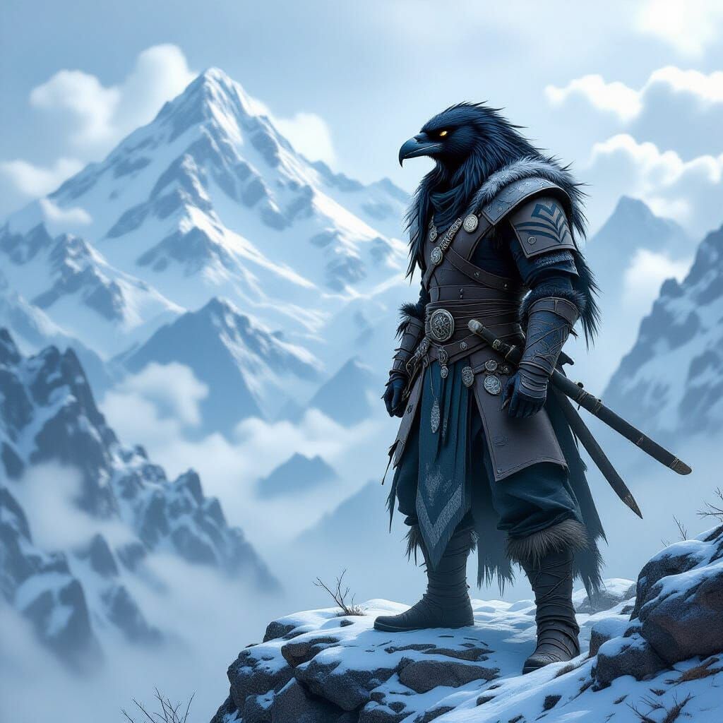 Kenku Warrior Gazing Over Misty Valley