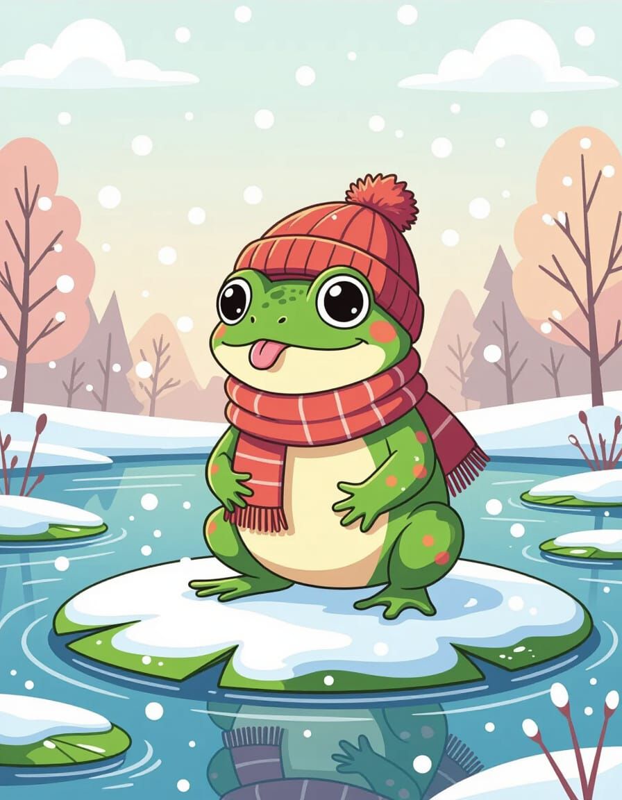 Cartoon Frog's Snowy Surprise in Pastel Comic Style