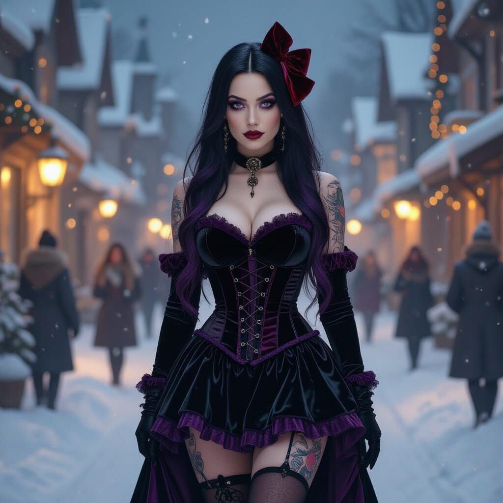 Gothic Woman in Snowy Christmas Town at Night