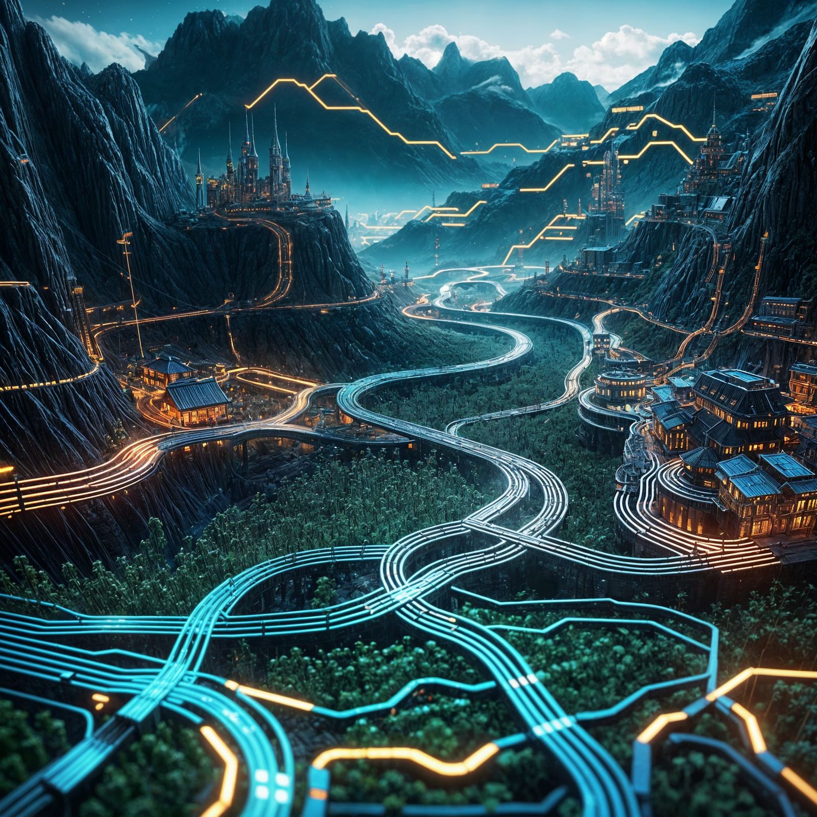 Surreal Circuitry Landscape in Hyperrealistic 3D