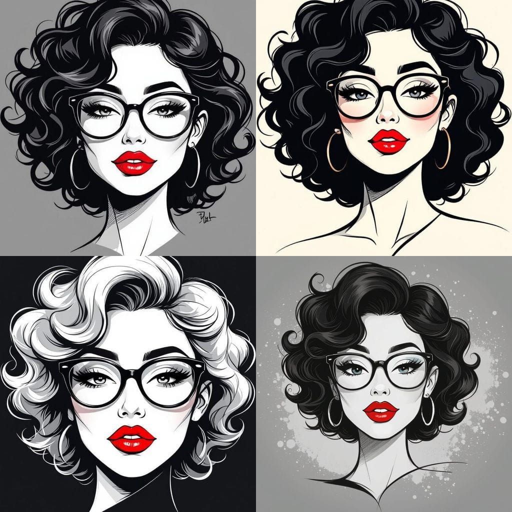 Minimalist Black and White Logo: Curly Hair, Glasses, Red Li...