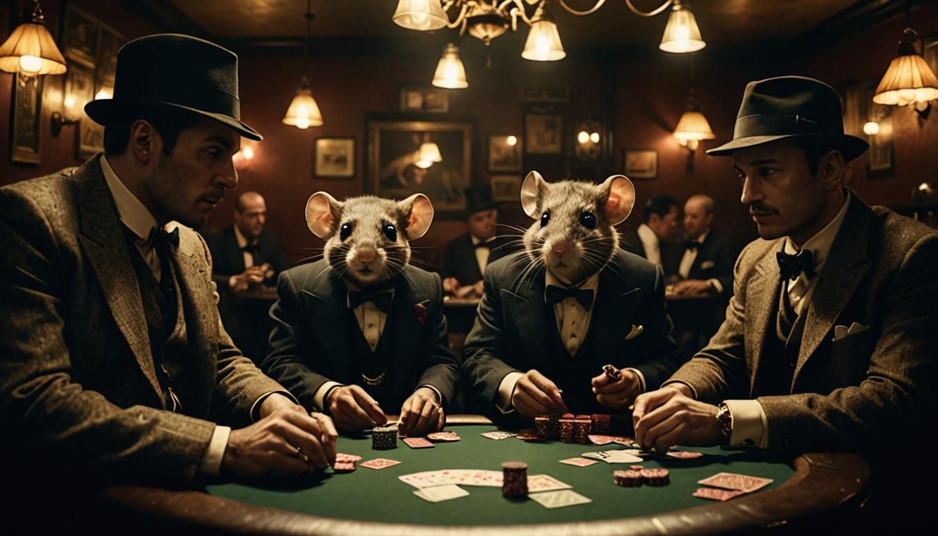 Mice Gangsters Play Poker in Dim Speakeasy