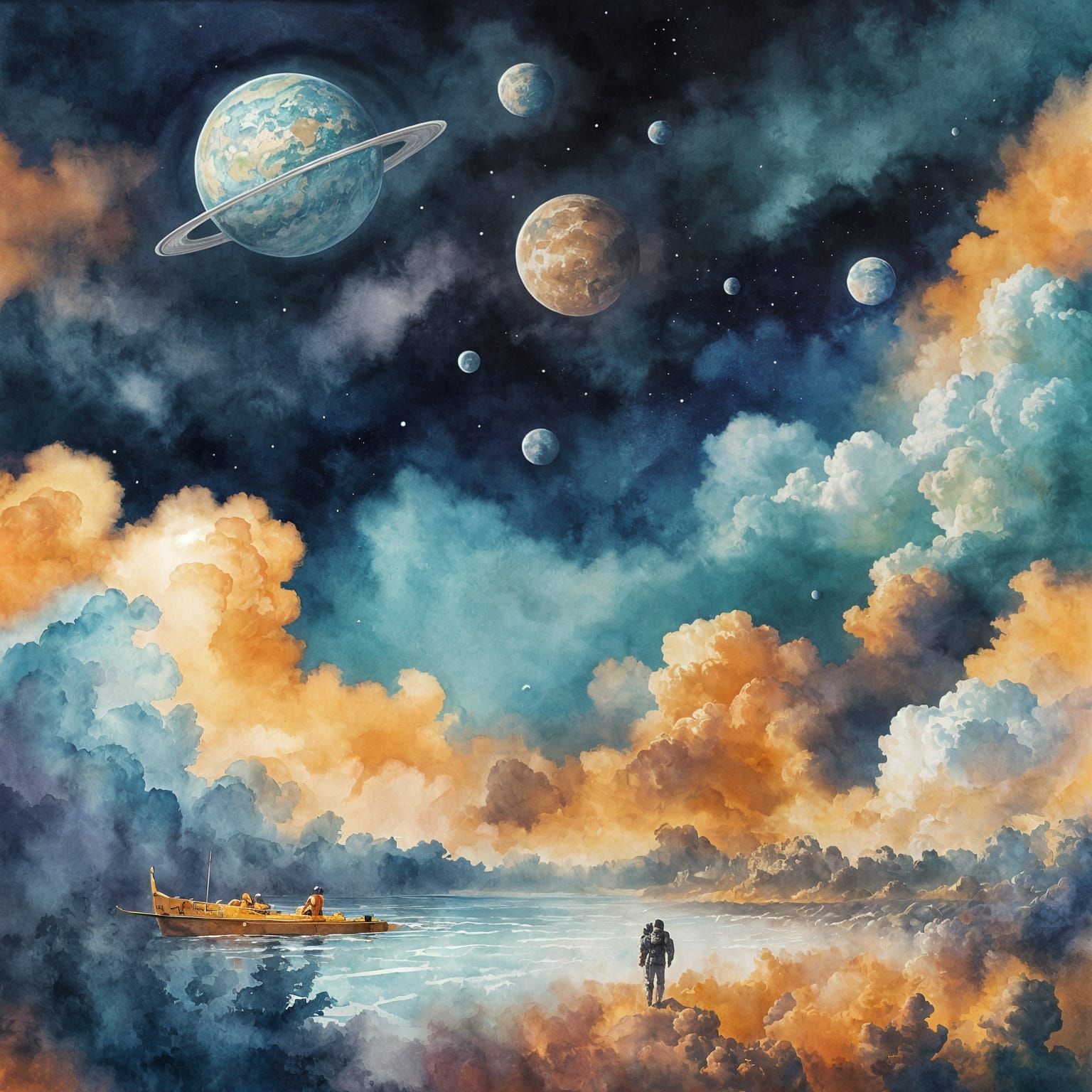 Ethereal Astronaut in Cosmic Waters, Gouache Masterpiece