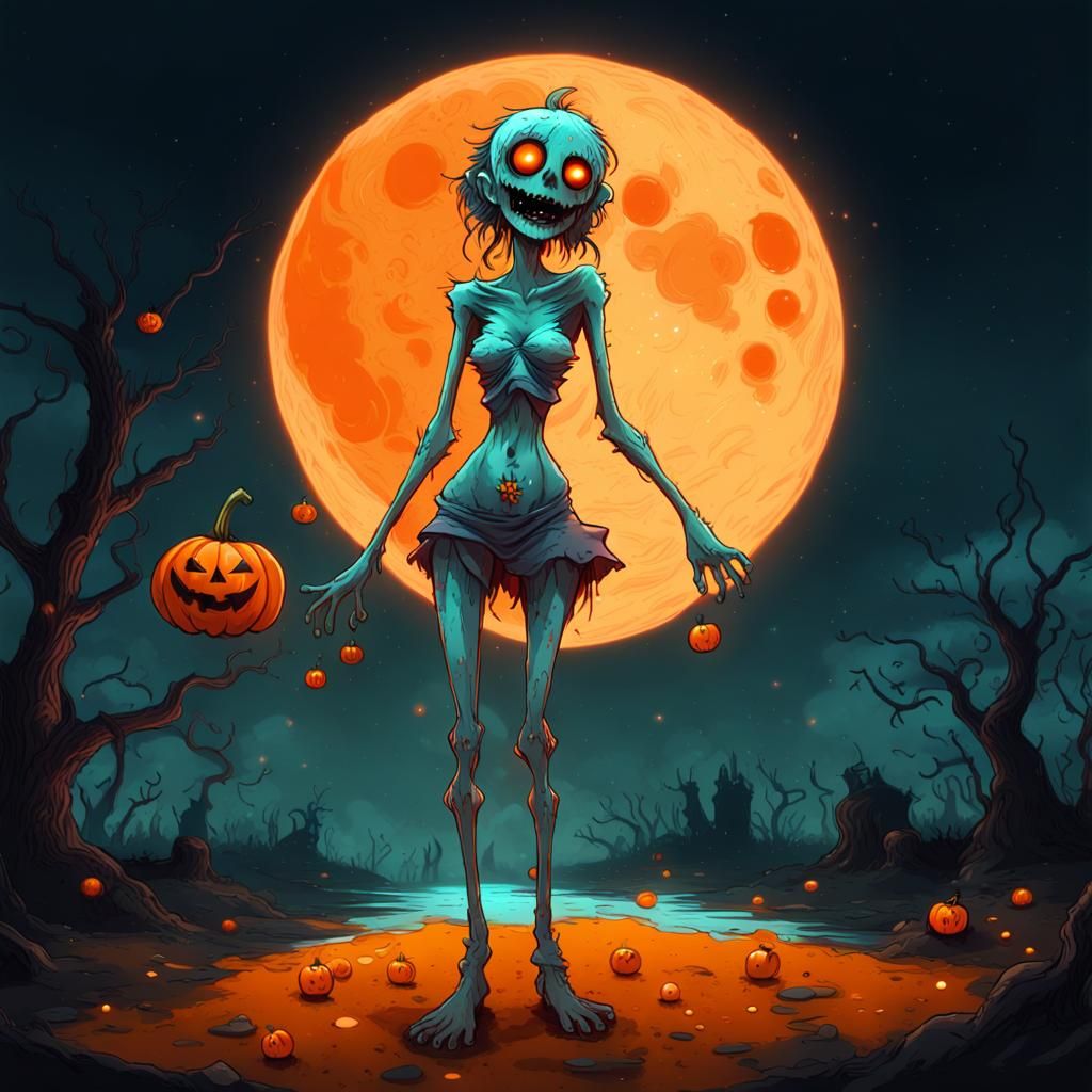 Spooky Fruit Zombie with Orange Moon, Glitterpunk Style