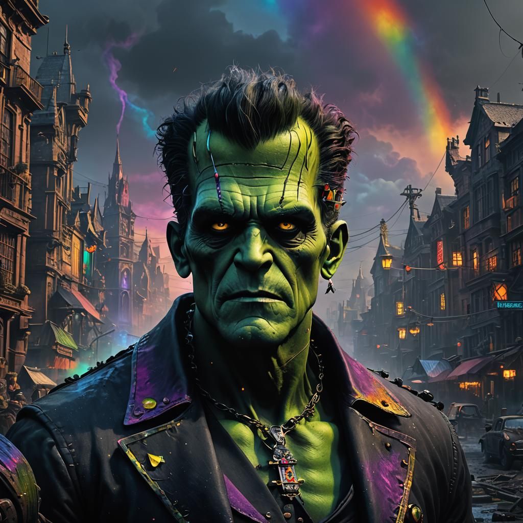 Rainbow Frankenstein: Detailed Matte Fantasy Art