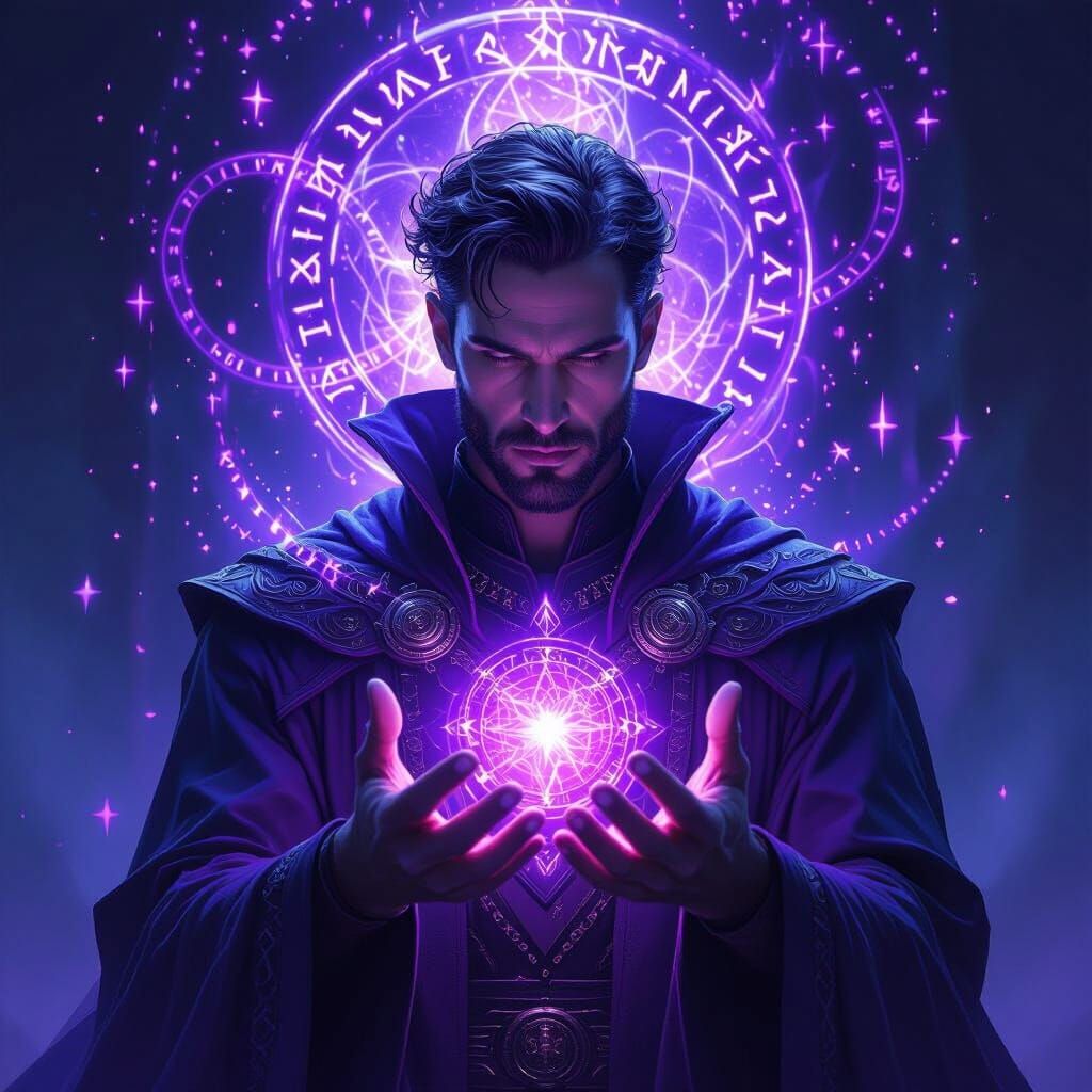 Mystical Man Radiating Purple Energy with Glowing Runes