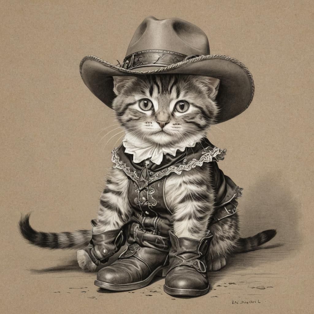 Tabby Kitten Cowgirl in Tenniel Style Drawing