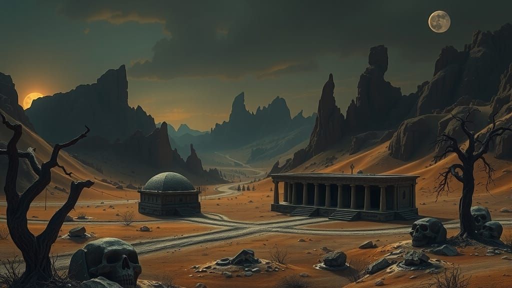 Ominous Desert Valley Tombs in Dark Mystical Style