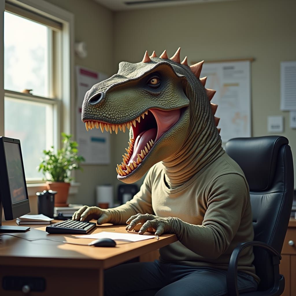 Anthropomorphic T-Rex Yawning in an Office