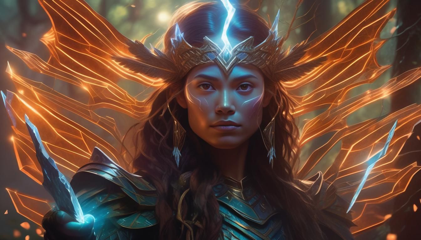 Fairy Warrior with Lightning Crystal in Mystical Forest